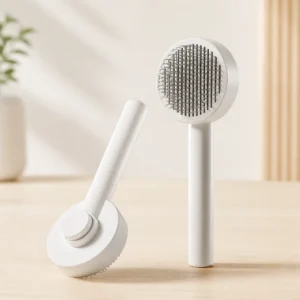 Gentle self-cleaning pet grooming brush on a warm white background
